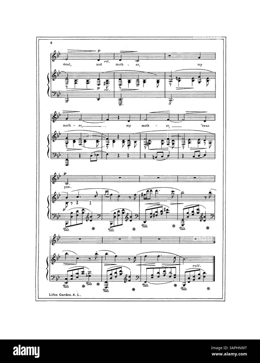 Gli spartiti di "Life's Garden" sono dedicati e cantati da Madame Schumann-Heink. Presenta una poesia di Fred Jacobs Smith, con musiche di Carrie Jacobs-Bond. Questa versione è disposta per la voce bassa in B flat. La copertina include un francobollo della E.B. Guild Music Co. Di Topeka, Kansas. Foto Stock