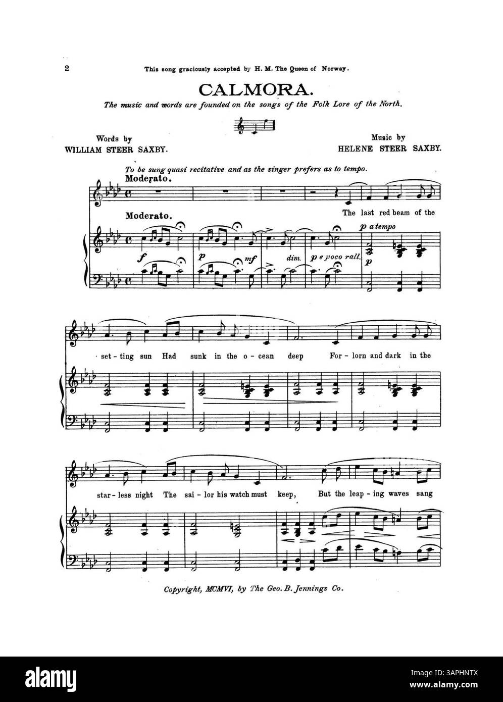Helene Steer Saxby compose Calmora con testi di William Steer Saxby, parte di una raccolta di quattro canzoni. La canzone è stata accettata da H. M. la Regina di Norvegia, ed è basata su canzoni popolari del Nord Europa. L'immagine digitale potrebbe non rappresentare completamente il colore degli spartiti originali. Foto Stock