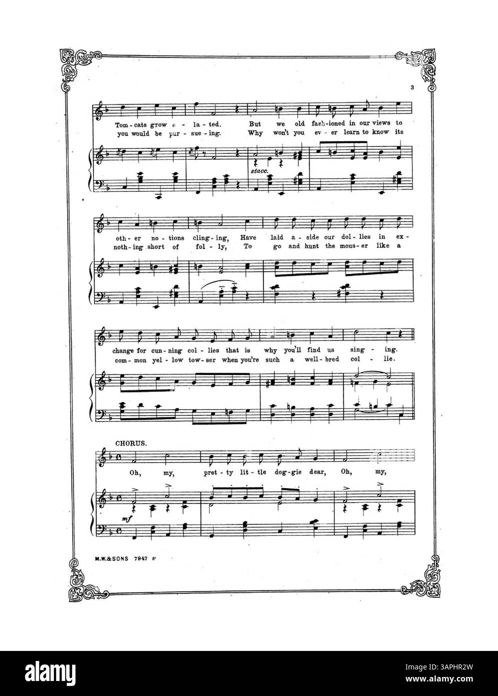 La copertina di *Don't You Want to Be My bow-wow-wow* mostra la produzione di Sam S. e Lee Schubert di *The Top o' th' World*, un musical con un libro di Mark E. Swan, testi di James o'Dea e musiche di Manuel Klein e Anna Caldwell. Il retro di copertina include una pubblicità per musica da *A Society Circus* e *The Man From Now*. Foto Stock