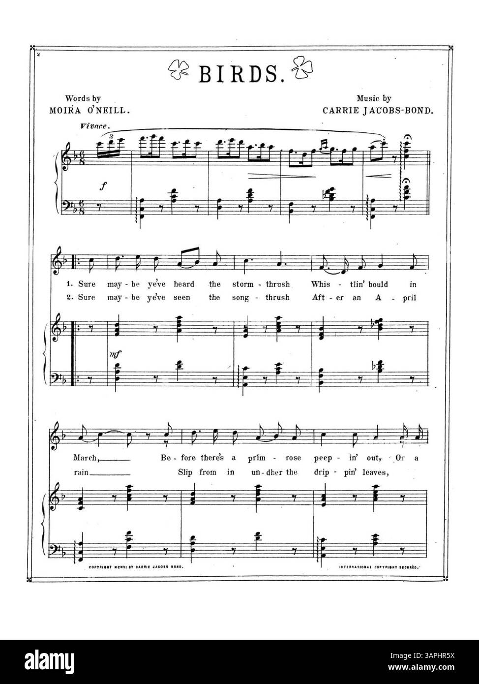 Questo lavoro presenta la poesia "The Birds" da "Songs of the Glens of Antrim" di Moira o'Neill, cantata da Chauncey Olcott. La copertina contiene il titolo e una pubblicità musicale per canzoni di Carrie Jacobs-Bond, tra cui "To-Day" e "A Song of the Hills". Il colore dell'immagine digitale può differire dall'originale e le annotazioni non sono incluse. Foto Stock