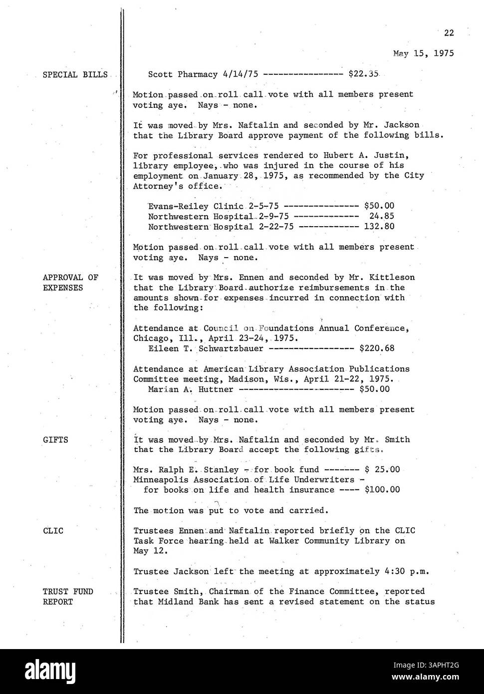 I verbali della riunione del 1975 del Consiglio di amministrazione della Biblioteca pubblica di Minneapolis forniscono un resoconto dettagliato delle decisioni del Consiglio e della pianificazione delle operazioni e dei servizi della biblioteca. Foto Stock