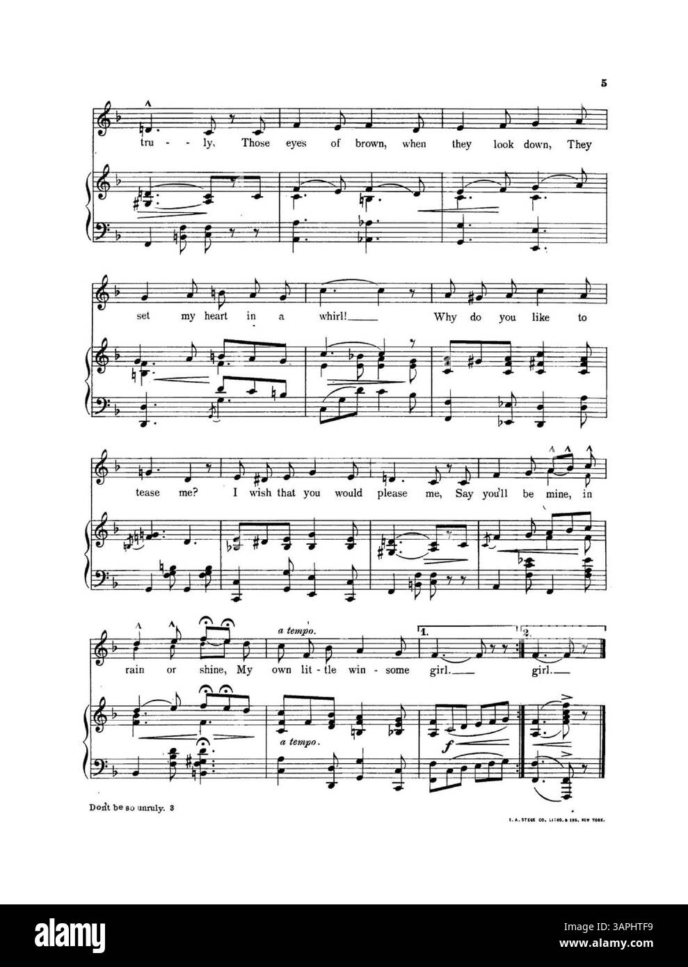 Cover di 'Don't Be so Unruly' con la notazione 'To M.M.M.' è elencata come cantata nella produzione di 'Mlle Marni' di Amelia Bingham. Il retro di copertina include un annuncio pubblicitario per Dance Folio No. 1 di Haviland. Foto Stock