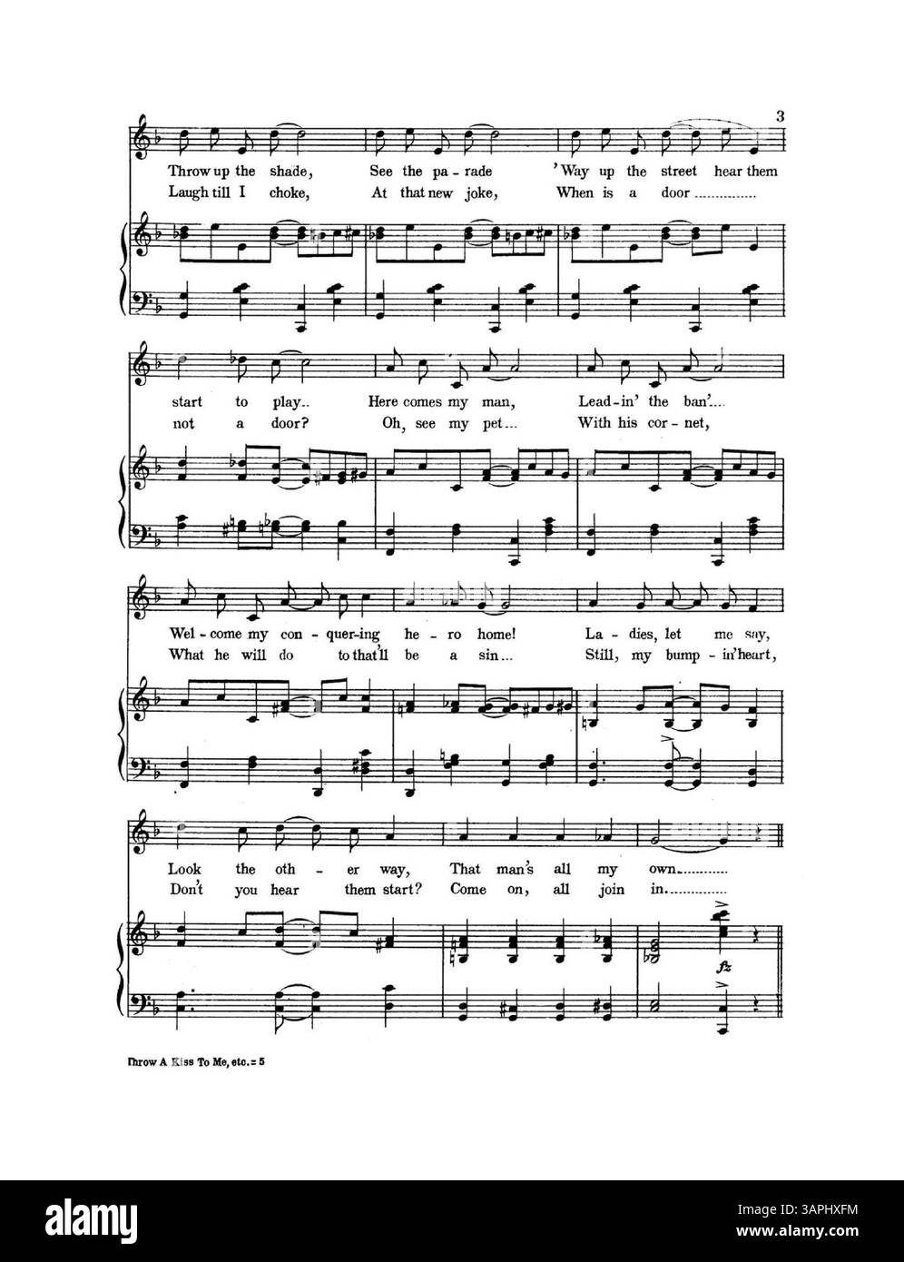 Gli spartiti di Throw a Kiss to me, My Minstrel Man includono brani promozionali per altre canzoni come When You're in Town di Irving Berlin e Roses and Memories di Ted Snyder. Gli estratti sono stampati con inchiostro blu sulla copertina posteriore. Foto Stock