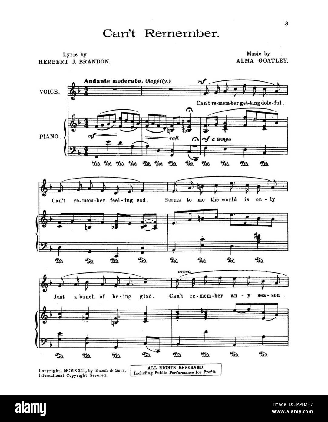 Gli spartiti sono composti da Herbert J. Brandon e musiche di Alma Goatley. Versione n. 3 in F include il testo completo prima della partitura e presenta le pagine di "fede" e "Giardino della felicità". Foto Stock