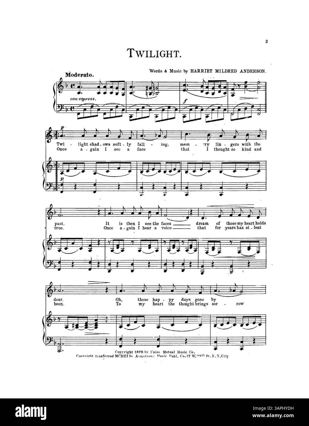 La canzone "Twilight Twilight" presenta una copertina "Edition de luxe" con un estratto musicale a pagina intera di "Twentieth Century Woman" di Alfred W. Norris sulla copertina anteriore interna. Il retro di copertina include un estratto di 'At Sundown' di Geo. D. Wilson. Foto Stock