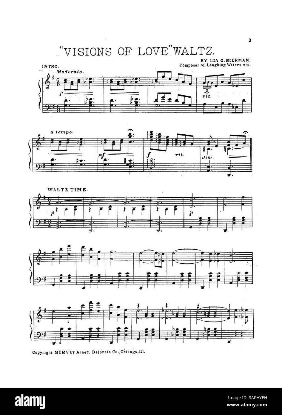 Le "visioni dell'amore Waltzes" contengono pubblicità musicali per "Flowerland" e Geo di Sara B. Egan. L. Spaulding 'la consolazione dell'amore'. La copertina interna include la pubblicità per "Flowerland" e la copertina posteriore evidenzia "Love's Consolation". Anche Ida G. Bierman, un compositore noto, viene citato. Foto Stock