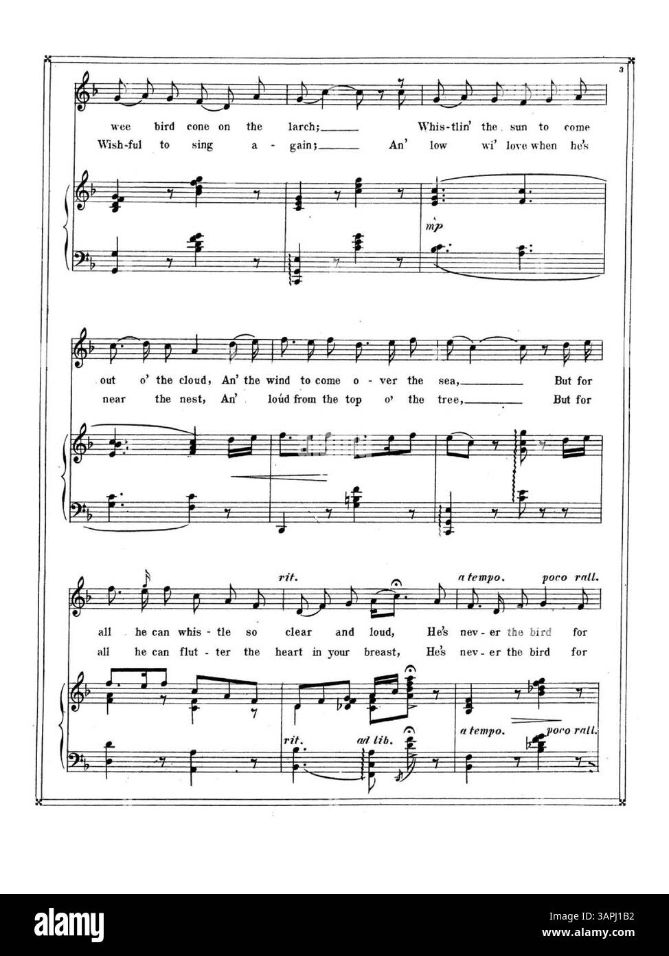 Questo lavoro presenta la poesia "The Birds" da "Songs of the Glens of Antrim" di Moira o'Neill, cantata da Chauncey Olcott. La copertina contiene il titolo e una pubblicità musicale per canzoni di Carrie Jacobs-Bond, tra cui "To-Day" e "A Song of the Hills". Il colore dell'immagine digitale può differire dall'originale e le annotazioni non sono incluse. Foto Stock