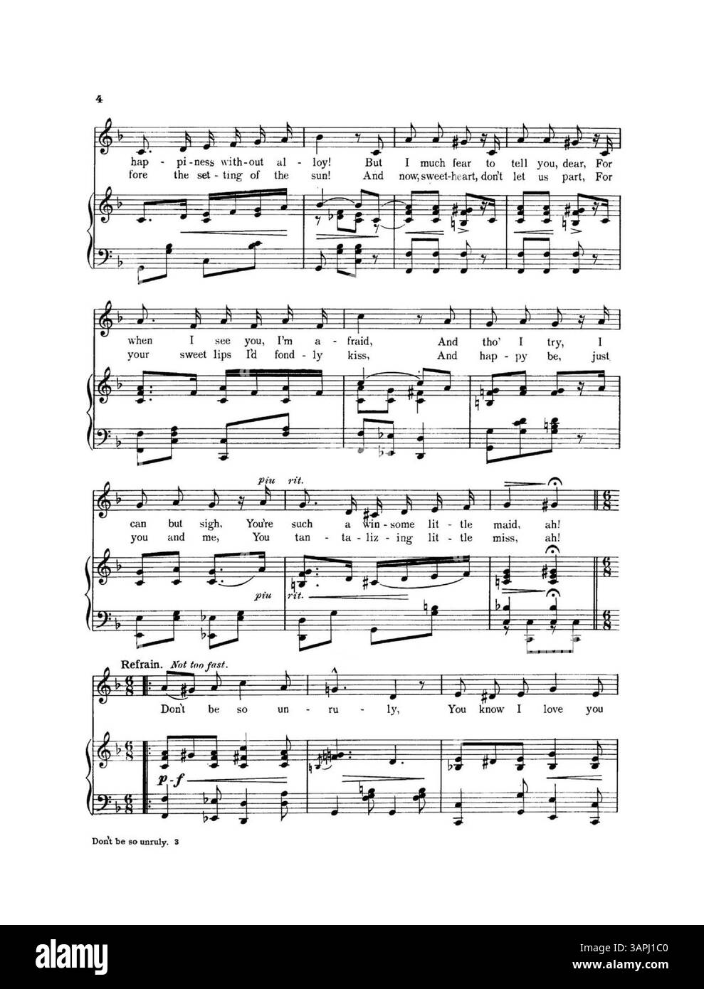 Cover di 'Don't Be so Unruly' con la notazione 'To M.M.M.' è elencata come cantata nella produzione di 'Mlle Marni' di Amelia Bingham. Il retro di copertina include un annuncio pubblicitario per Dance Folio No. 1 di Haviland. Foto Stock