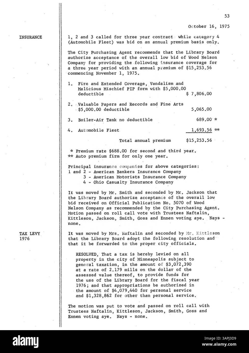 I verbali della riunione del Consiglio di amministrazione della Biblioteca pubblica di Minneapolis del 1975 delineano le decisioni relative alle operazioni, ai finanziamenti e alla governance delle biblioteche durante quell'anno, con particolare attenzione alla gestione delle risorse bibliotecarie. Foto Stock