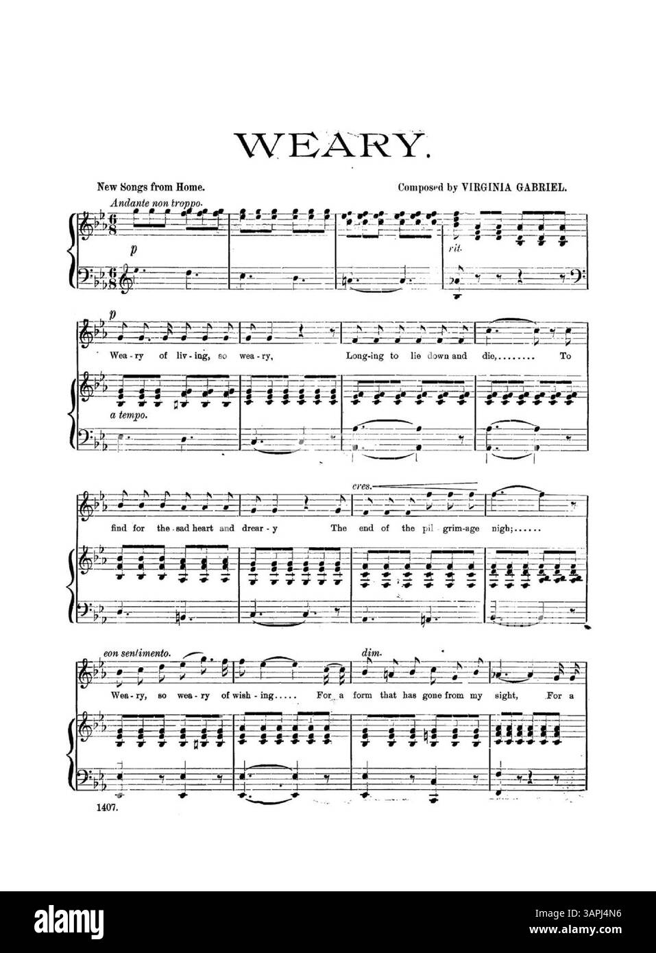 Questa canzone intitolata "Weary" è catalogata sotto la targa numero 1407 nella "Champion Song Folio". La copertina posteriore presenta una pubblicità per The folio, che include una varietà di canzoni che riflettono temi emotivi, con particolare attenzione alla stanchezza e all'espressione malinconica. Foto Stock