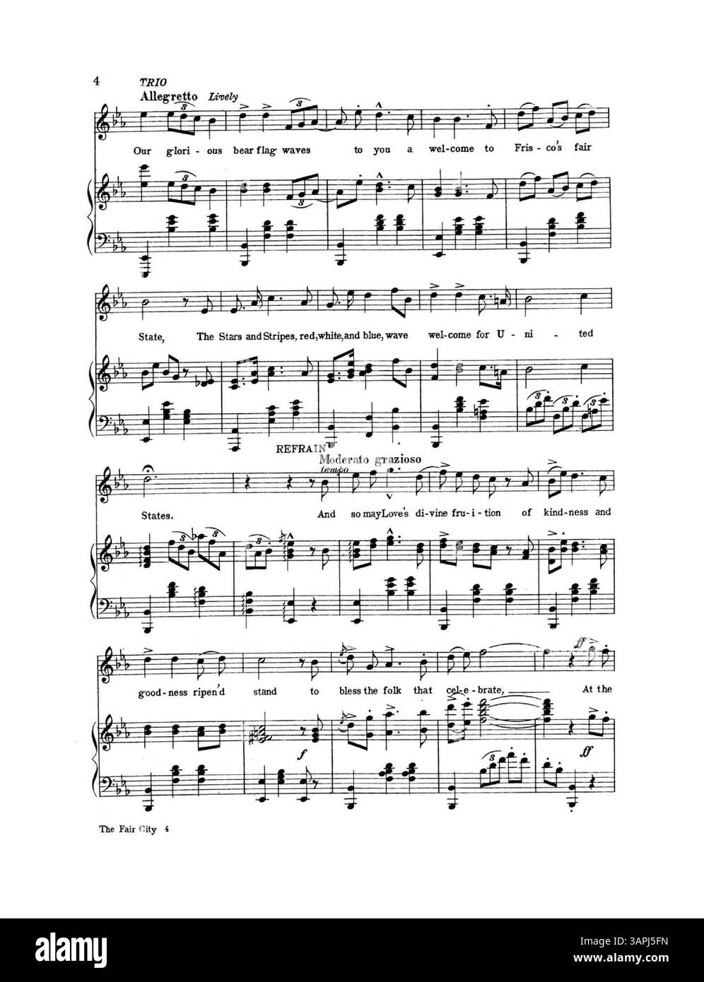 Spartiti per "The Fair City" con testi e musiche di Adelaide Stheile, dedicato a Ralph W. Dunshee, con un trio che inizia con "la nostra gloriosa bandiera dell'orso ti dà il benvenuto al Frisco's Fair State". Foto Stock