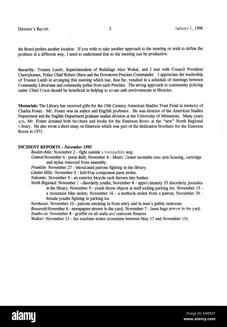 Questo documento fornisce i verbali della riunione ufficiale del Consiglio di amministrazione della Biblioteca pubblica di Minneapolis per il 1996, con dettagli sulle operazioni della biblioteca, le decisioni e le discussioni del Consiglio. Foto Stock