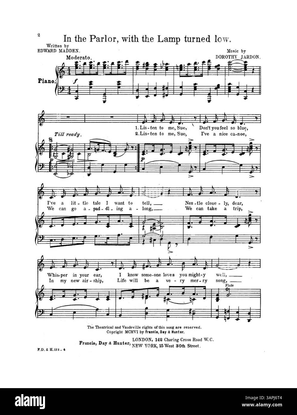 In the Parlor with the Lamp Turned Low è un brano musicale di Dorothy Jardon e testi di Edward Madden. La copertina include un estratto di "Waiting at the Church". Il numero di targa è F.F.& H.112. Foto Stock