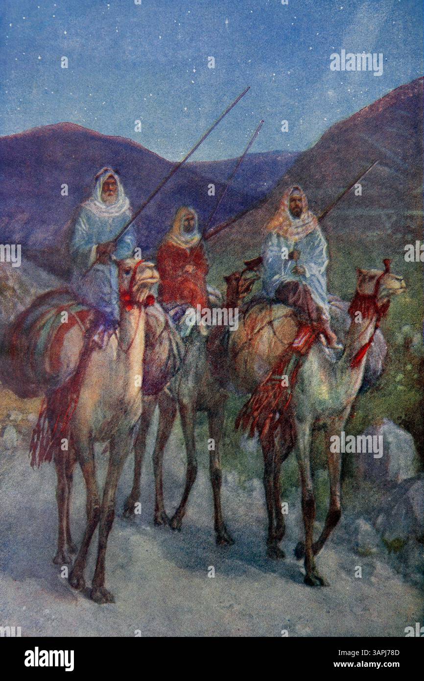 Illustrazione della. Tre saggi guidati dalla Stella di Betlemme (Vangelo) dall'Antico Libro per bambini il buon Pastore Foto Stock