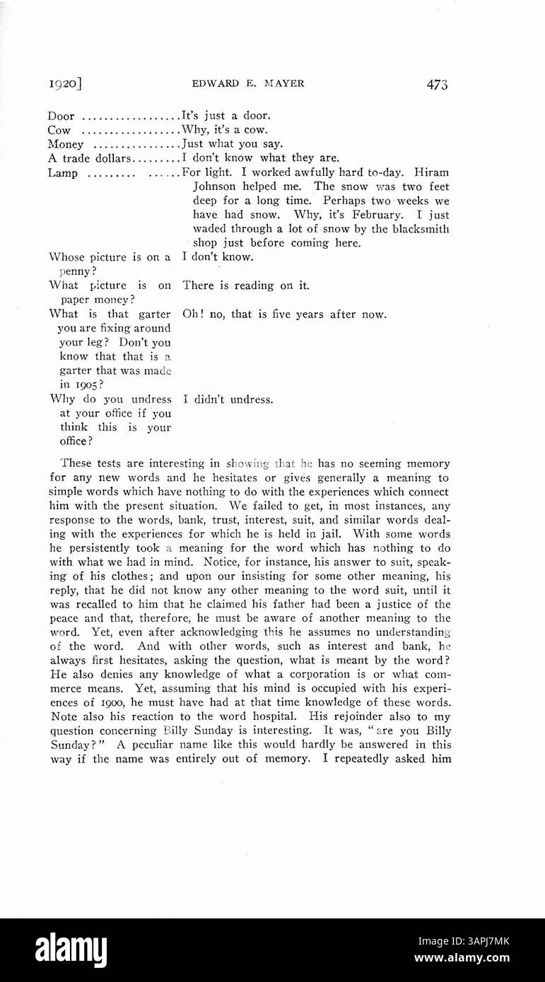 Questo case study parla di un uomo che sviluppa amnesia dopo essere stato accusato di un crimine, dimenticando diversi anni della sua vita. Il dottor Mayer esamina se l'amnesia sia sia una decisione cosciente o inconscia, ma non si giunge a una conclusione definitiva. Foto Stock