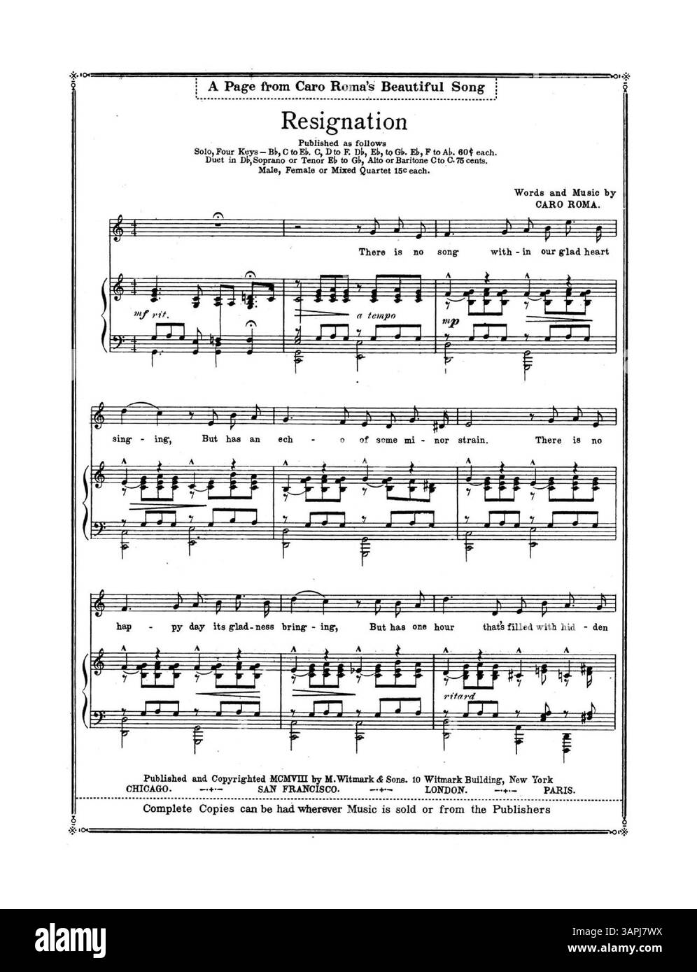 Dear Little Hands è una composizione musicale con testi e musiche di caro Roma. La copertina include i testi di "Resignation" e "i come to Thee". Gli annunci pubblicitari per i libri M. Witmark appaiono sul retro di copertina. Foto Stock