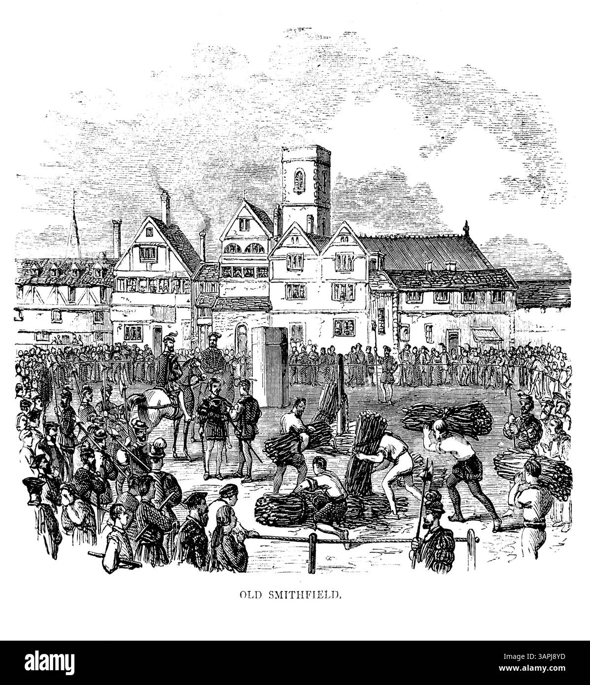 Incisione del sito delle esecuzioni a Old Smithfield Londra Inghilterra dove John Lambert e molti altri erano Bunt al rogo Antique the 1866 Editio Foto Stock