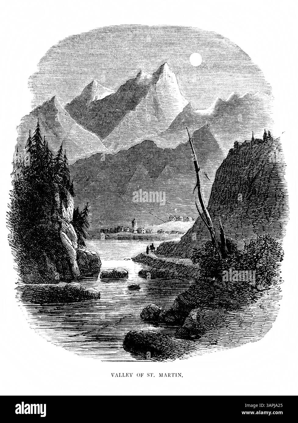 Illustrazione della Valle di San Martino dove ci furono persecuzioni dei valdesi nelle Valli del Piemonte incise da W. L Thomas di Antiqu Foto Stock