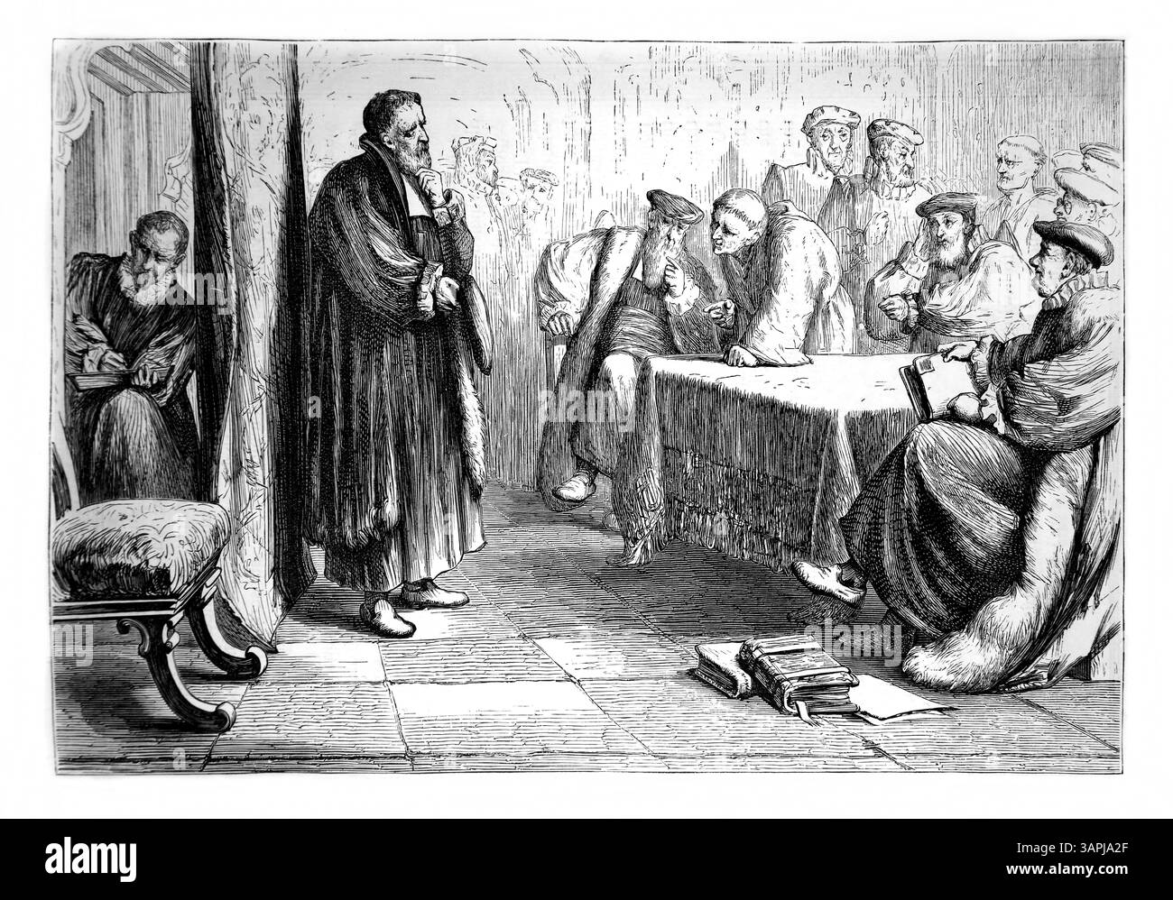 Illustrazione del Vescovo Hugh Latimer esaminato da un gruppo di Vescovi, uno dei quali ha riconosciuto come amico un anziano che ha chiesto al Vescovo Latimer Foto Stock