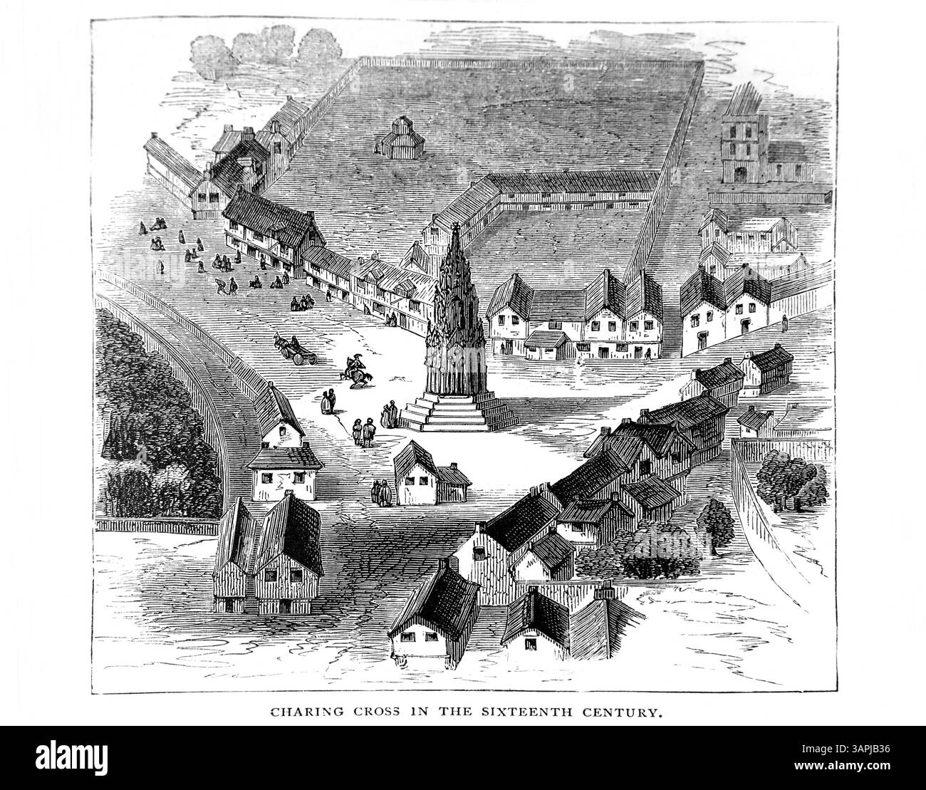 Illustrazione dell'originale Eleanor Cross a Charing (moderna Trafalgar Square) nel XVI secolo - Re Edoardo i commissionò 12 croci a Commemo Foto Stock