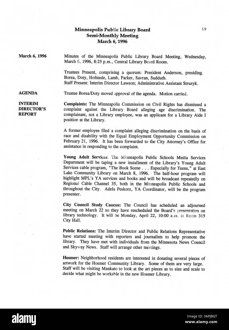 I verbali della riunione ufficiale del Consiglio di amministrazione della Biblioteca pubblica di Minneapolis nel 1996 descrivono in dettaglio le discussioni, le decisioni e le risoluzioni del Consiglio in merito alle operazioni, ai servizi e ai programmi della biblioteca. Foto Stock