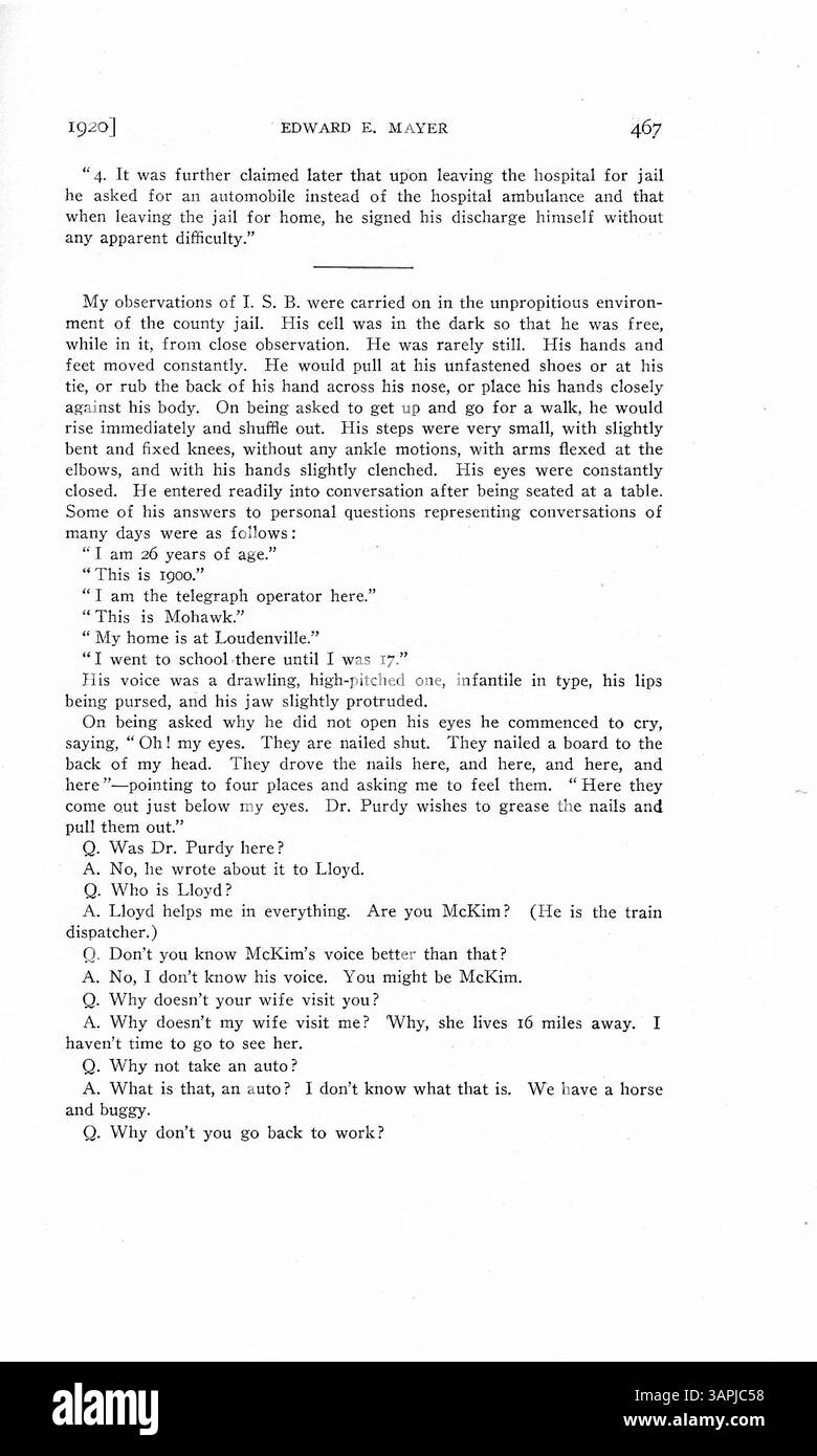 Questo case study parla di un uomo che sviluppa amnesia dopo essere stato accusato di un crimine, dimenticando diversi anni della sua vita. Il dottor Mayer esamina se l'amnesia sia sia una decisione cosciente o inconscia, ma non si giunge a una conclusione definitiva. Foto Stock