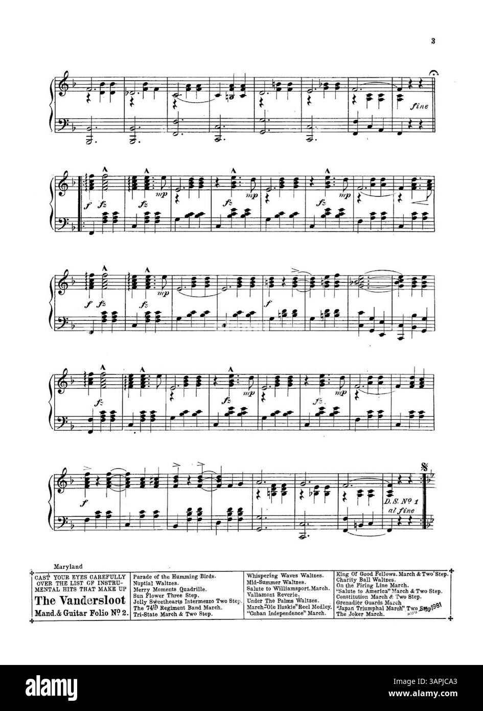 Gli spartiti di "Maryland" includono annunci testuali in fondo a ogni pagina per vari foglietti di Vandersloot. Il retro di copertina presenta una pubblicità a tutta pagina con brani musicali tratti da canzoni pubblicate da Vandersloot Music Pub. Co Foto Stock