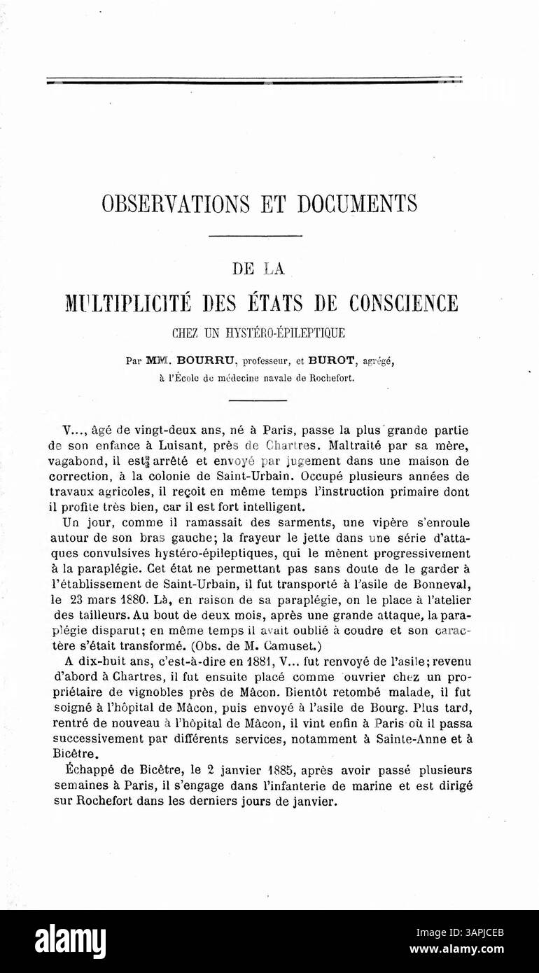 Il documento descrive il caso di un ventiduenne di nome V., che ha sperimentato diversi stati di coscienza a causa di convulsioni epilettiche dopo un incontro traumatico con serpente. La sua condizione fluttuava tra emiplegia e cambiamenti di personalità, mostrando la complessità della coscienza umana e degli stati mentali. Foto Stock