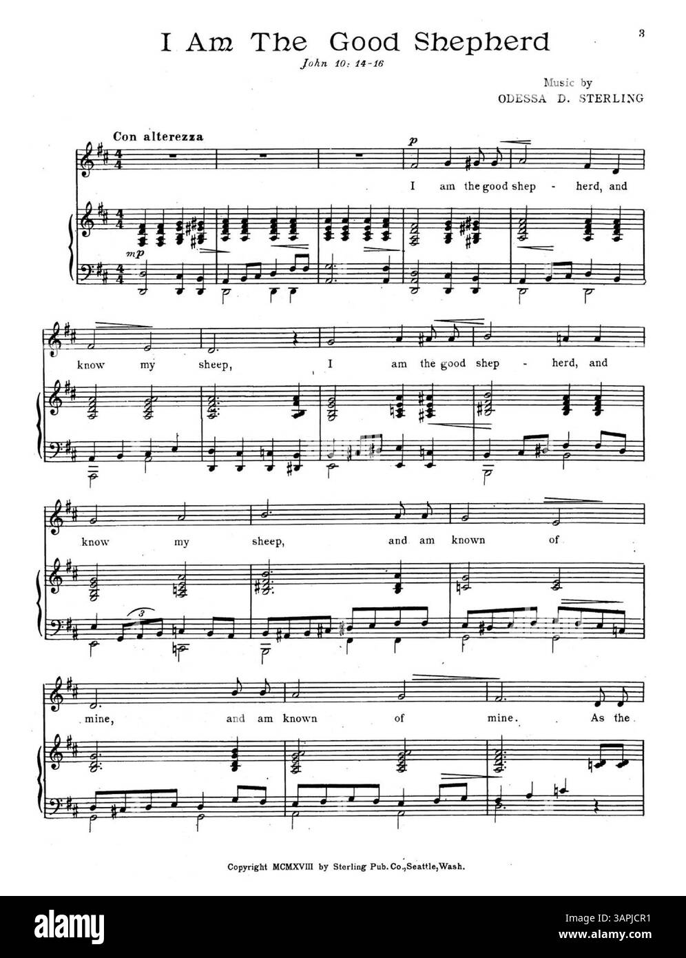 Il titolo "i Am the Good Shepherd" di Odessa D. Sterling appare sotto "Sacred Songs". La canzone contiene il testo di Giovanni 10:14-16. La copertina posteriore pubblicizza altre canzoni sacre di Odessa Sterling. Il colore nell'immagine digitale può variare notevolmente rispetto all'originale e potrebbe non contenere annotazioni. Foto Stock