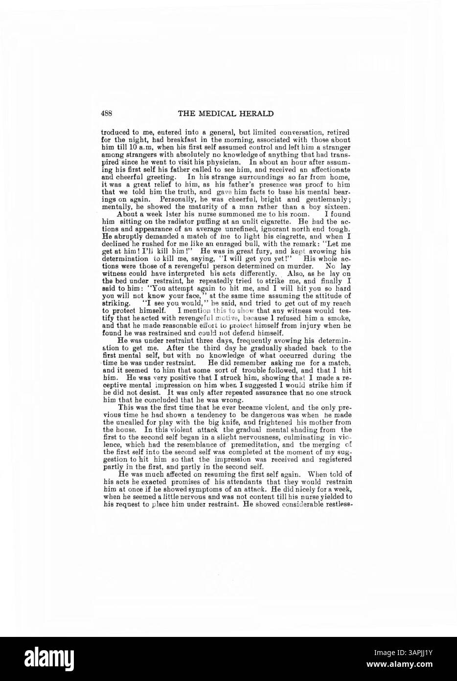 Il dottor Burnett presenta un caso di studio su un giovane a cui è stata diagnosticata una doppia personalità, a partire dall'infanzia. Dopo un'intensa sessione di terapia di suggerimento mentale, il paziente è stato in grado di ricordare le azioni di entrambi i lati della sua personalità. Questo articolo è seguito da una discussione tra diversi medici su casi simili. Foto Stock