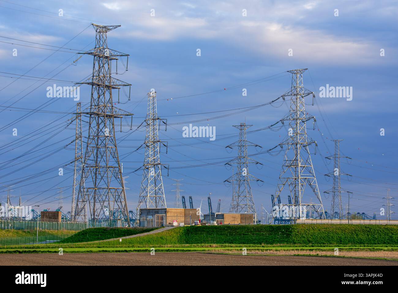 Tralicci elettrici ad alta tensione / torri di trasmissione e linee elettriche aeree vicino alla centrale nucleare di Doel nel porto di Anversa, Fiandre, Belgio Foto Stock