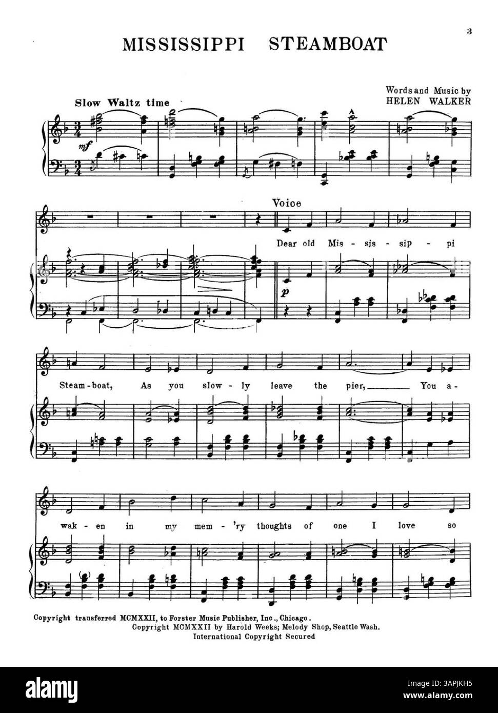 Gli spartiti di "Mississippi Steamboat" contengono pubblicità per più canzoni popolari, tra cui "Under the Mellow Moon", "Colorado and You", "Fuzzy Wuzzy Bird" e "Thru the Night", che mettono in risalto le classiche opere musicali del XX secolo. Foto Stock