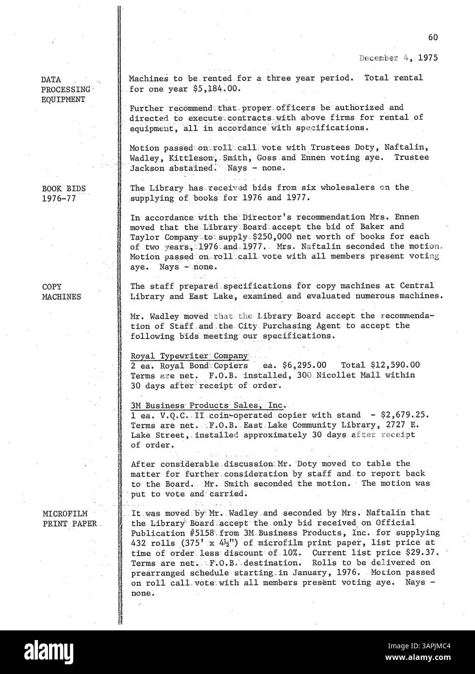 I verbali delle riunioni del Consiglio di amministrazione della Minneapolis Public Library del 1975 descrivono in dettaglio le decisioni del Consiglio di amministrazione sulla gestione, i servizi e le operazioni delle biblioteche durante tutto l'anno. Foto Stock