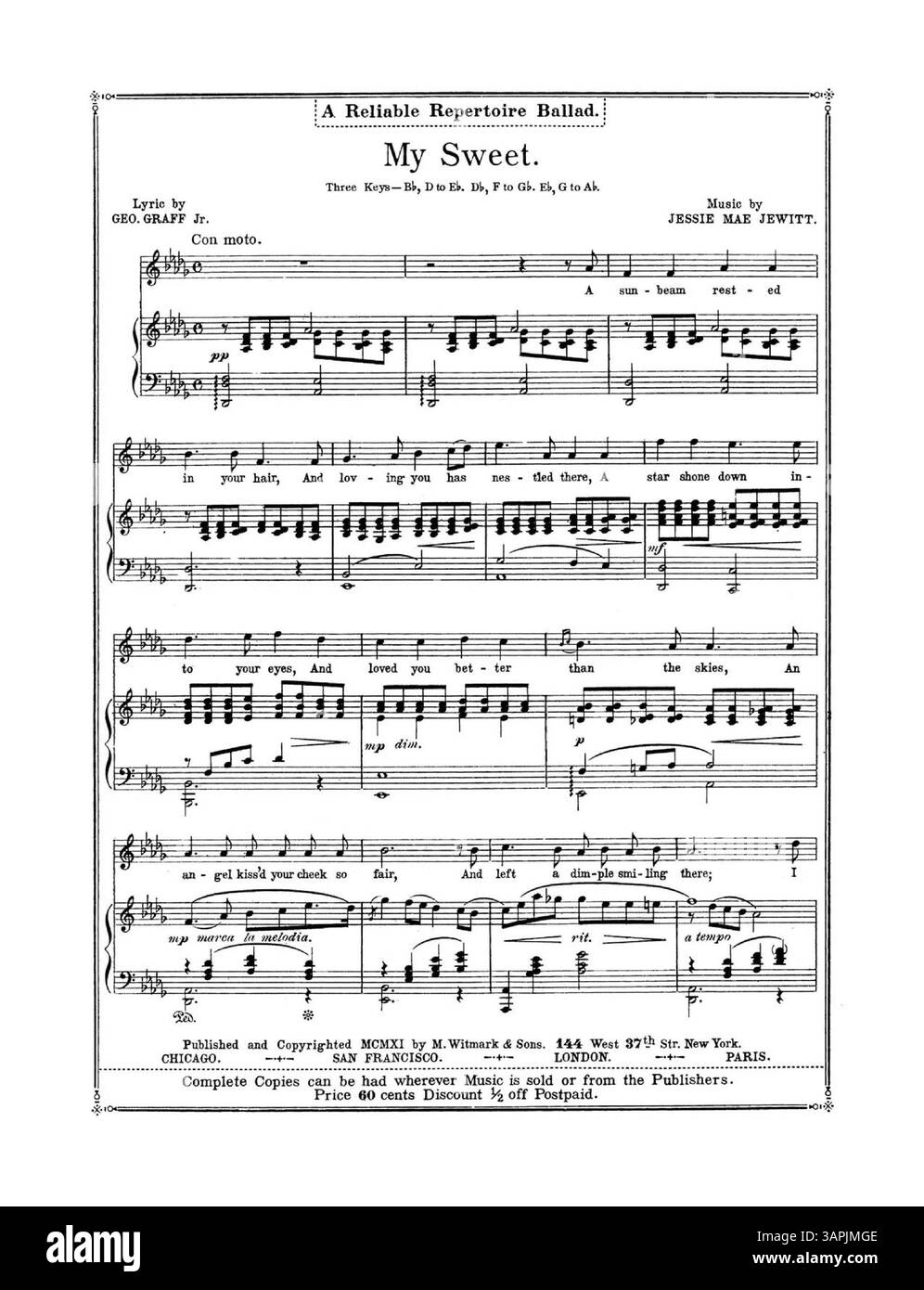 Questo spartito per My Baby Boy include i testi di Geo. Graff Jr. E musica di Jessie Mae Jewitt, con diversi estratti musicali e pubblicità dell'editore. Le canzoni in primo piano includono "My Sweet" e "Why That Tear". Foto Stock