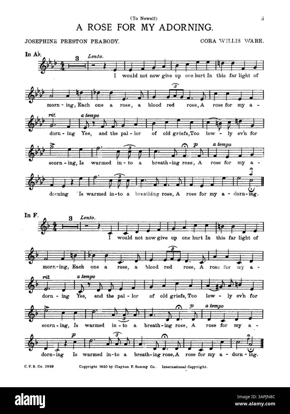 Una canzone composta da Cora Willis Ware con testi di Josephine Preston Peabody. Questa versione è per voce alta in Un appartamento e include la dedica "a Newell". La canzone presenta una parte di partitura e voce, con numeri di targa C.F.S.Co.1929a e C.F.S.Co.1929. La parte vocale è sia piatta che F. il colore nell'immagine digitale può variare rispetto all'originale e le annotazioni potrebbero non essere incluse. Foto Stock