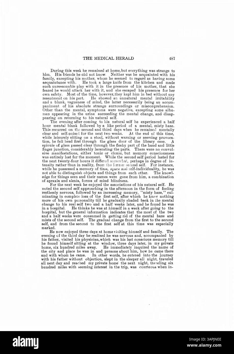 Il dottor Burnett presenta un caso di studio su un giovane a cui è stata diagnosticata una doppia personalità, a partire dall'infanzia. Dopo un'intensa sessione di terapia di suggerimento mentale, il paziente è stato in grado di ricordare le azioni di entrambi i lati della sua personalità. Questo articolo è seguito da una discussione tra diversi medici su casi simili. Foto Stock