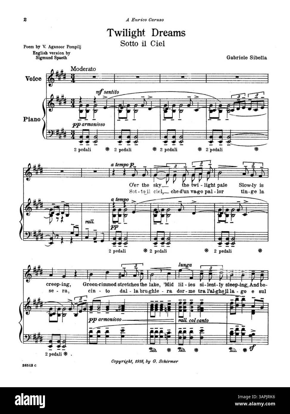 Questa opera d'arte intitolata "Twilight Dreams" presenta una poesia di V. Aganoor Pompilj, disponibile in inglese e italiano, che riflette immagini poetiche del crepuscolo. Foto Stock