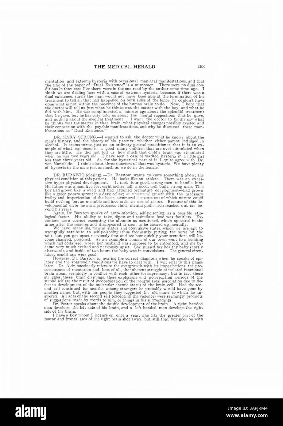Il Dr. Burnett descrive il caso di un giovane che ha iniziato a soffrire di intenso dolore alla testa e cambiamenti di personalità dopo aver deciso di entrare nel ministero all'età di cinque anni. Questi cambiamenti includevano attacchi di depressione e violenza, che sono stati curati in un sanatorio. Dopo la terapia di suggerimento mentale, il paziente non ha più sperimentato una doppia personalità o amnesia e potrebbe richiamare le azioni di entrambe le personalità. Il caso è discusso da diversi medici. Foto Stock