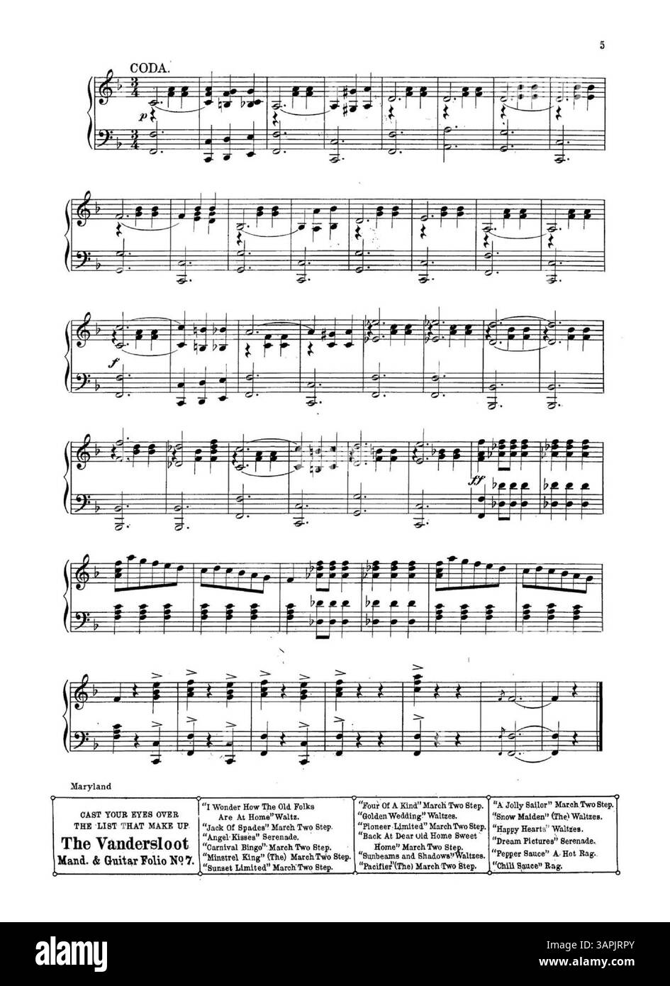 Gli spartiti di "Maryland" includono annunci testuali in fondo a ogni pagina per vari foglietti di Vandersloot. Il retro di copertina presenta una pubblicità a tutta pagina con brani musicali tratti da canzoni pubblicate da Vandersloot Music Pub. Co Foto Stock