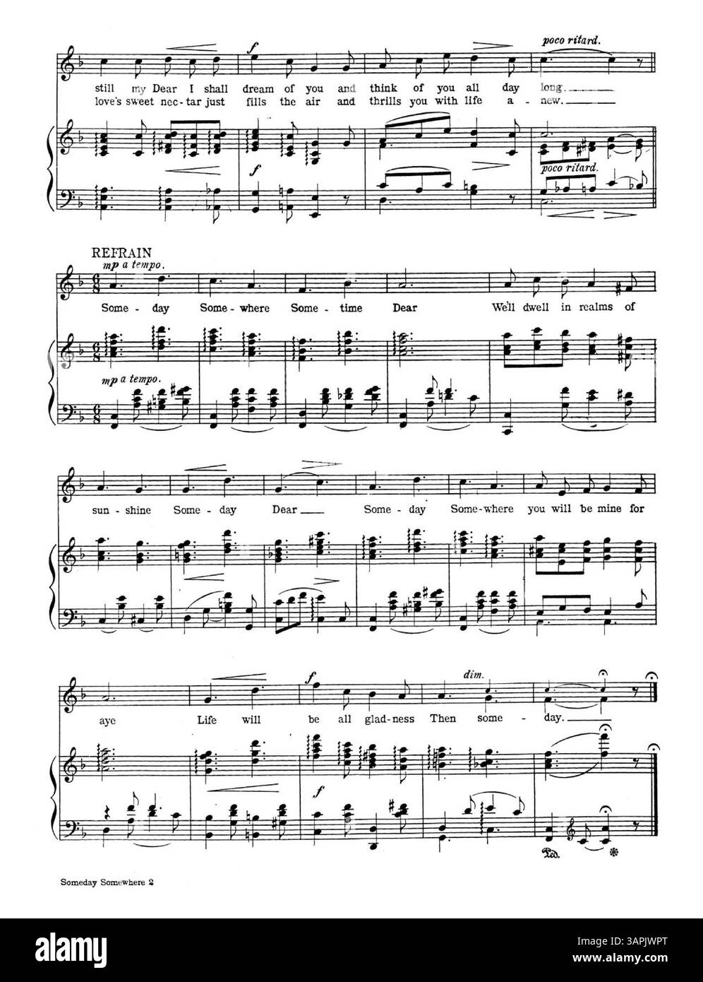 Una canzone di Alice May Becker, con la copertina con un francobollo viola dal negozio di canzoni Remick di Portland, Oregon. La canzone è tratta dall'edizione popolare, nel tasto medio F, con un annuncio per "Some Sunday Morning" sul retro di copertina, insieme a un inserto fotografico. La rappresentazione digitale dei colori può differire dall'originale. Foto Stock