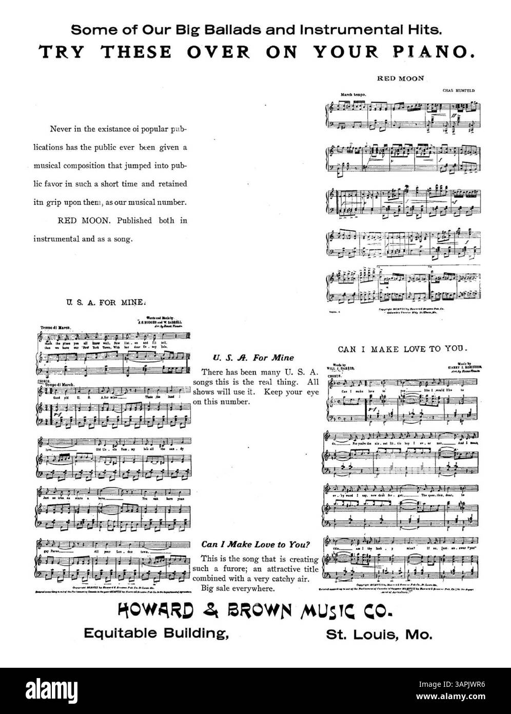 Questo brano musicale, tenuto presso la University of Oregon Libraries, presenta testi di Will J. Harris e musica di M.D. Harris. Include un arrangiamento di quartetto maschile con melodia di secondo tenore. La copertina elenca Vardon, Perry & Wilber come "quei tre ragazzi". Le pubblicità promuovono canzoni come "Red Moon", "U.S.A. per i miei" e "CAN i Make Love to You". Il colore dell'immagine digitale potrebbe differire dall'originale. Per le annotazioni, contattare Music Services. Foto Stock