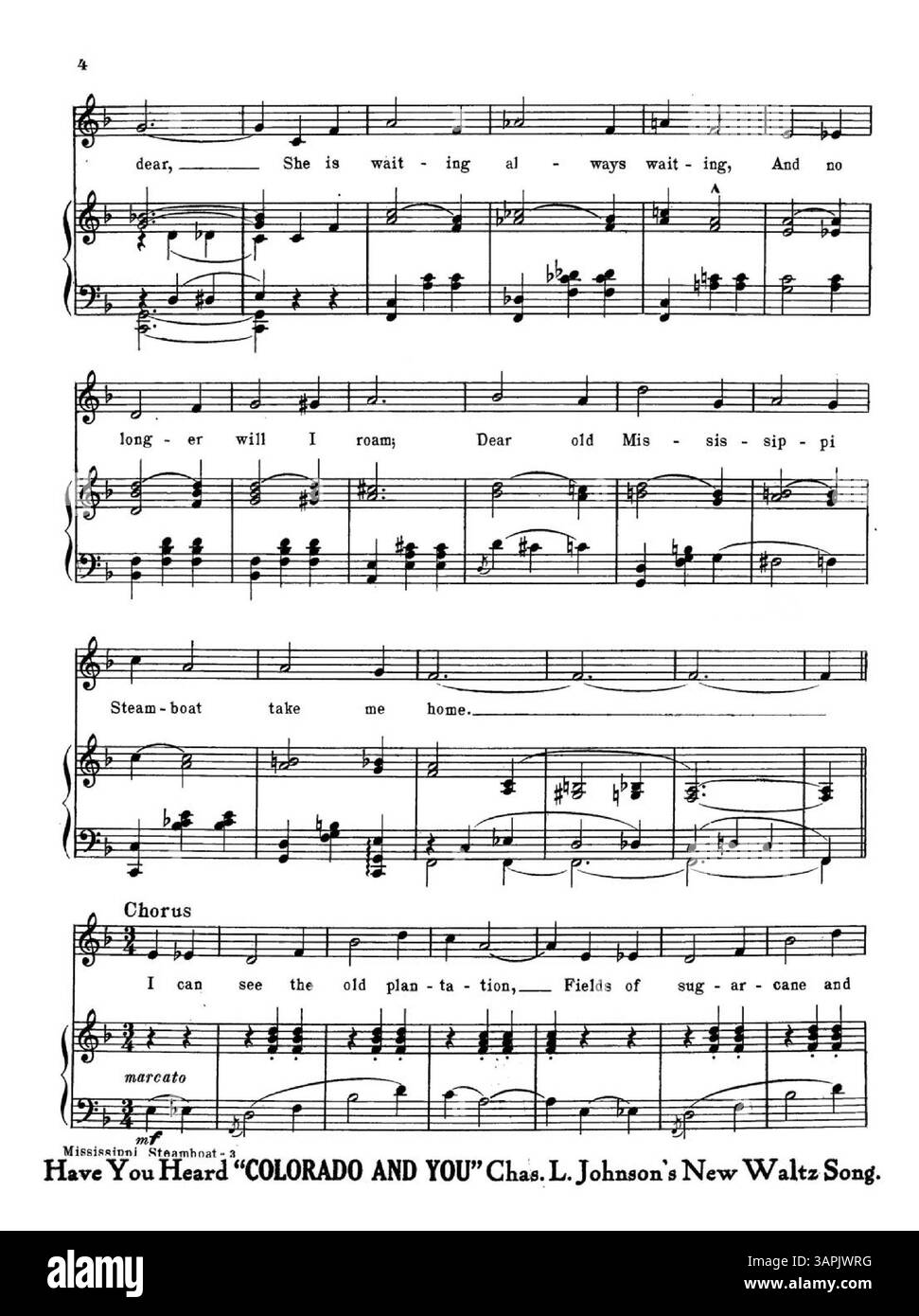 Un annuncio a pagina intera per lo spartito "Mississippi Steamboat" con annunci per altre canzoni popolari come "Under the Mellow Moon" e "Fuzzy Wuzzy Bird". Foto Stock