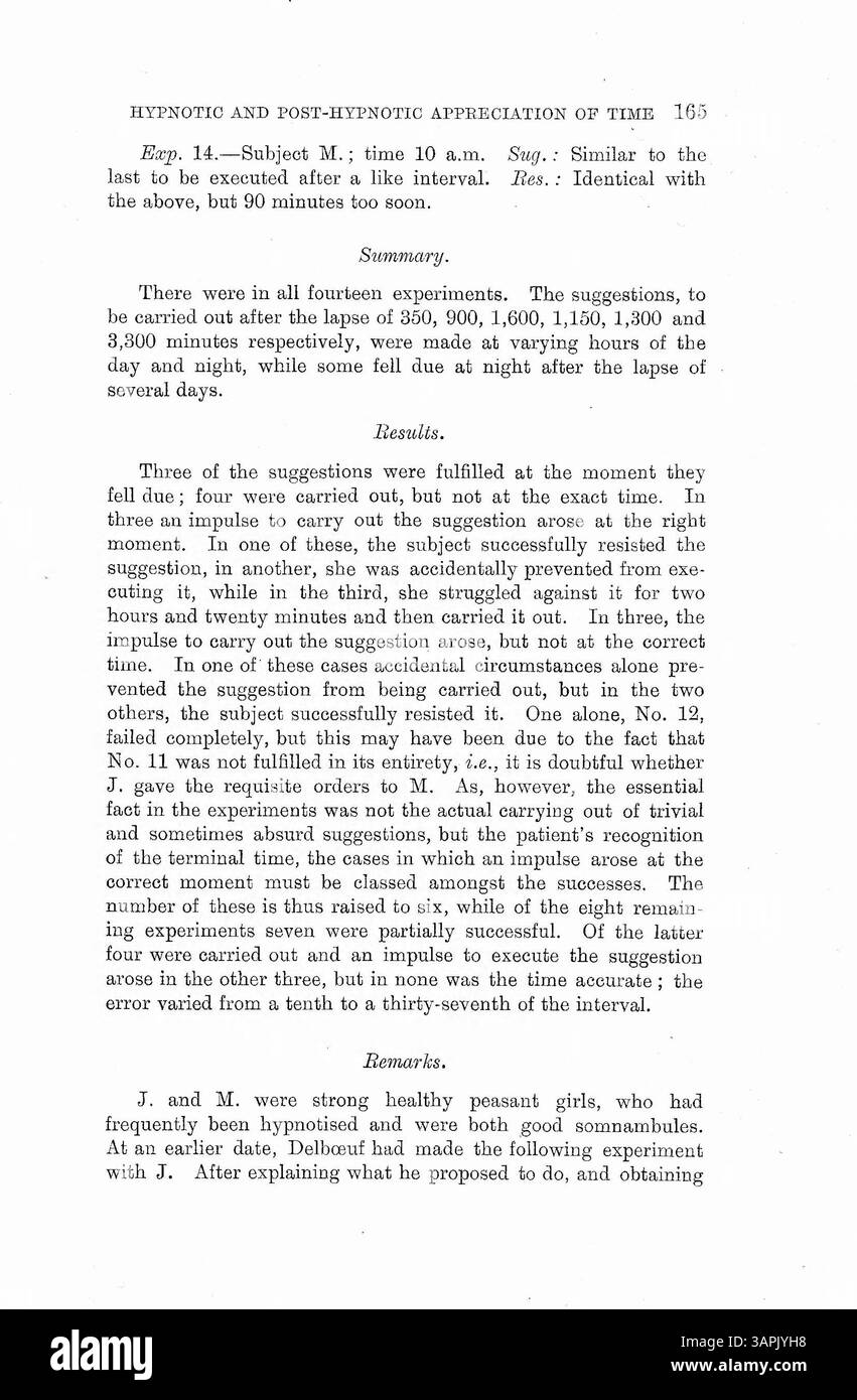 Gli esperimenti del dottor Bramwell includevano ipnotizzazione dei pazienti e suggerivano di completare compiti in momenti specifici. Nella maggior parte dei casi, i pazienti hanno eseguito le attività all'ora prestabilita senza ricordare il motivo, a meno che non siano riipnotizzati. Lo studio suggerisce che la percezione del tempo sotto ipnosi si verifica inconsciamente, anche se le opinioni tra gli altri medici variano. Foto Stock