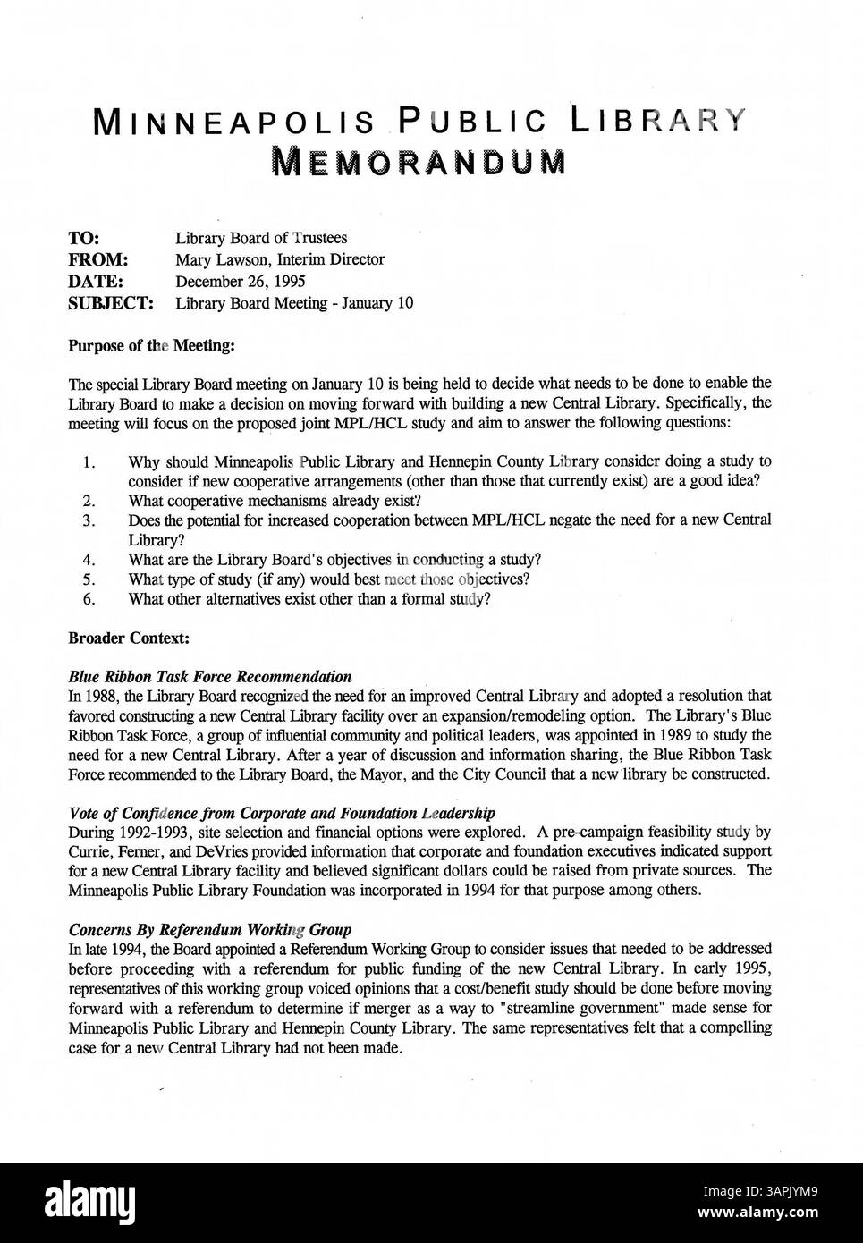 I verbali della riunione del Consiglio di amministrazione della Biblioteca pubblica di Minneapolis del 1996 forniscono un resoconto dettagliato delle operazioni, della gestione e delle decisioni del Consiglio di amministrazione della biblioteca durante l'anno. Foto Stock