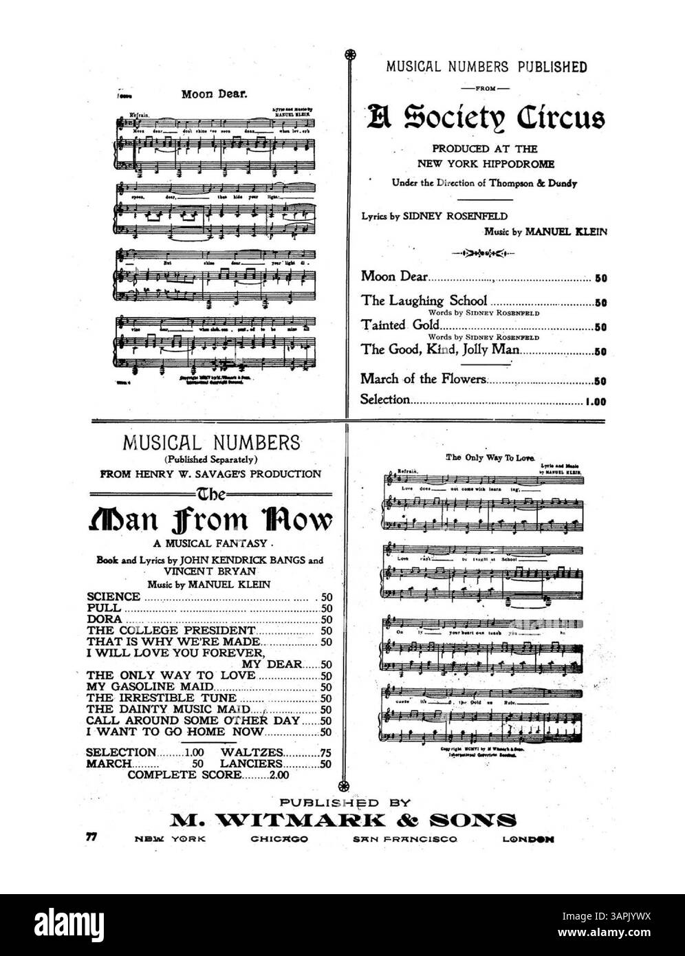La copertina di *Don't You Want to Be My bow-wow-wow* include la produzione di Sam S. e Lee Schubert di *The Top o' th' World*, con un libro di Mark E. Swan, testi di James o'Dea e musiche di Manuel Klein e Anna Caldwell. Il retro di copertina elenca gli annunci per opere musicali di *A Society Circus*, *Moon Dear*, e *The Man From Now*. Foto Stock