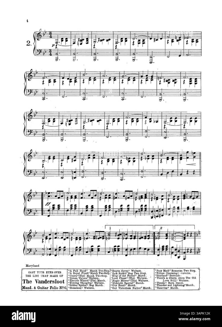 Questo spartito include annunci di testo per i foglietti Vandersloot in fondo a ogni pagina. La quarta di copertina presenta una pubblicità a tutta pagina con brani musicali tratti da canzoni pubblicate dalla Vandersloot Music Publishing Co.. Foto Stock