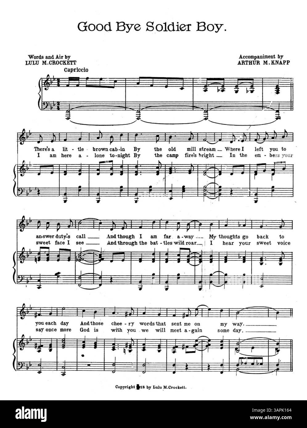 Lo spartito di "Good-bye Soldier Boy" include testi di Lulu M. Crockett e musiche di Arthur M. Knapp. L'immagine digitale può differire per colore dall'originale e le annotazioni possono essere ottenute tramite servizi musicali. Foto Stock