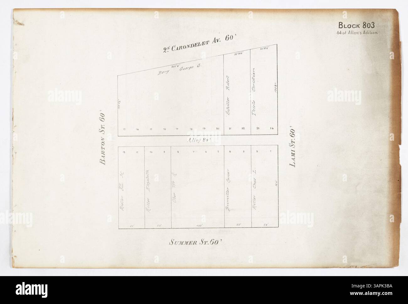 Questo libro a blocchi dalla città di St. Louis, Libro 3, dettagli blocco 803. Comprende strade come Barton St. E Carondelet Ave., e nomi come George G. Berg e William A. Ober, insieme ai confini della proprietà. Foto Stock