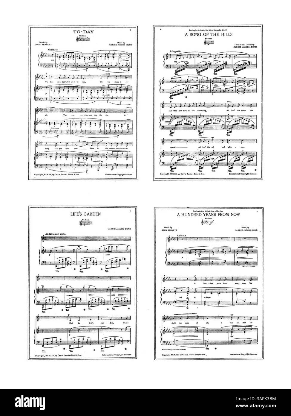 Questo lavoro presenta la poesia "The Birds" da "Songs of the Glens of Antrim" di Moira o'Neill, cantata da Chauncey Olcott. La copertina contiene il titolo e una pubblicità musicale per canzoni di Carrie Jacobs-Bond, tra cui "To-Day" e "A Song of the Hills". Il colore dell'immagine digitale può differire dall'originale e le annotazioni non sono incluse. Foto Stock