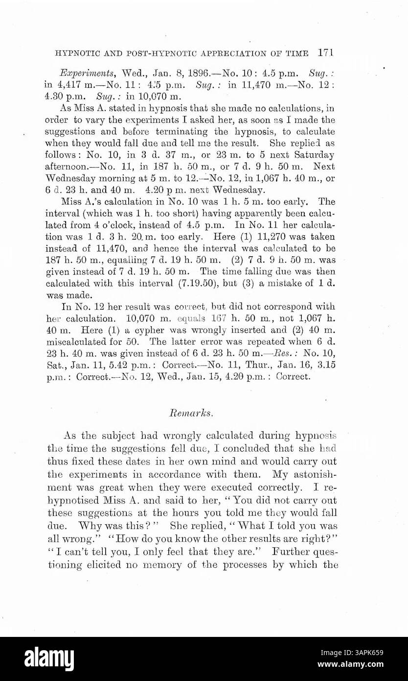 Il lavoro del Dr. Bramwell sul suggerimento ipnotico ha mostrato che i pazienti potevano svolgere compiti in momenti specifici senza raccogliere nuovamente il suggerimento, suggerendo una consapevolezza del tempo inconscia. Diversi altri medici hanno fornito pareri diversi su questi risultati. Foto Stock